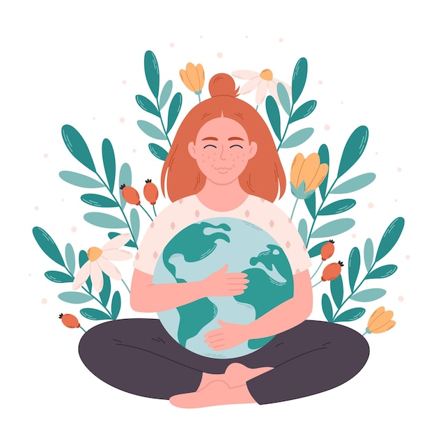 Woman hugging Earth globe Earth Day saving planet nature protect ecological awareness