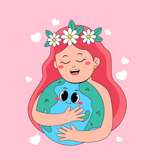 woman hugging the earth with flowers hearts and pink background
