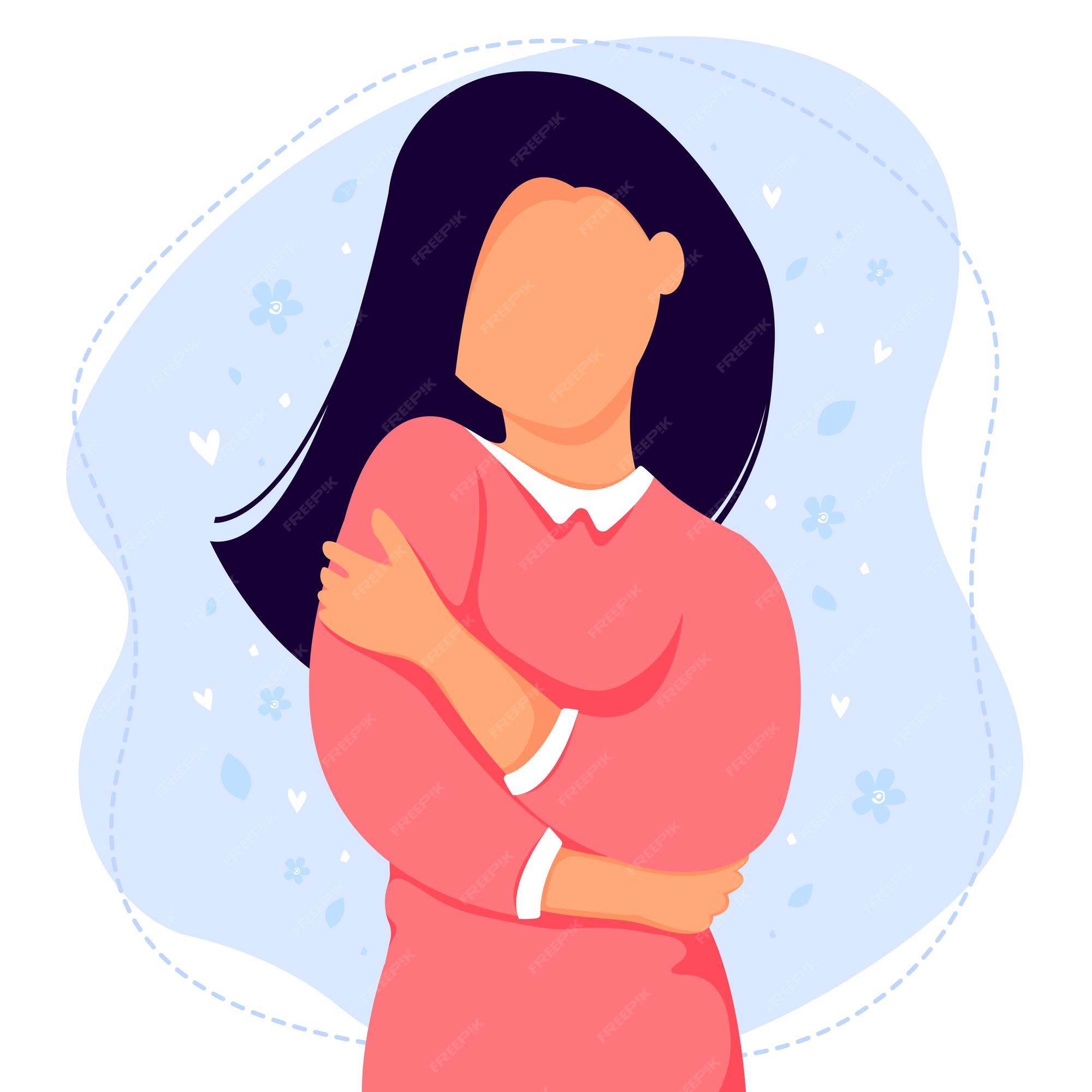 Premium Vector  Happy young woman hugging herself with enjoying emotions  isolated vector flat cartoon illustration