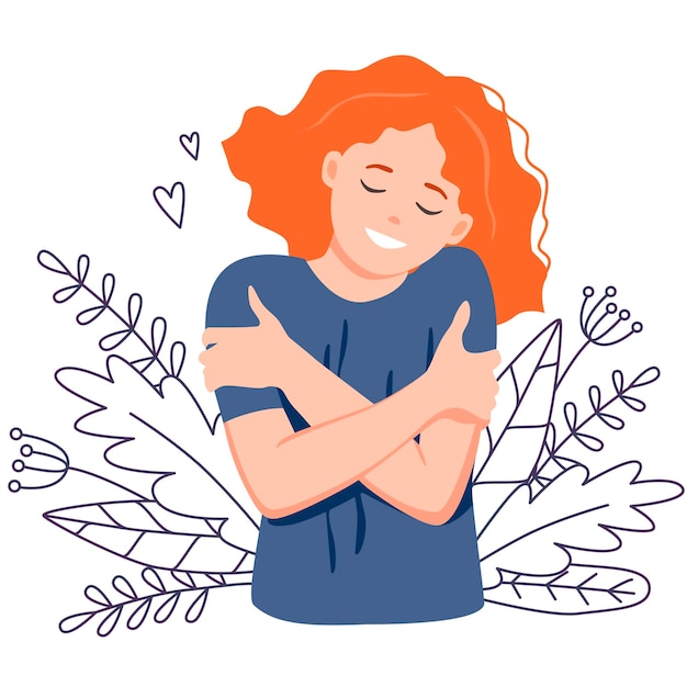 Woman hugging herself with hearts on white background Love yourself concept Vector illustration