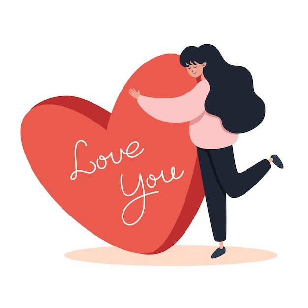 Vector woman hugs big heart for valentine's day illustration in flat style design