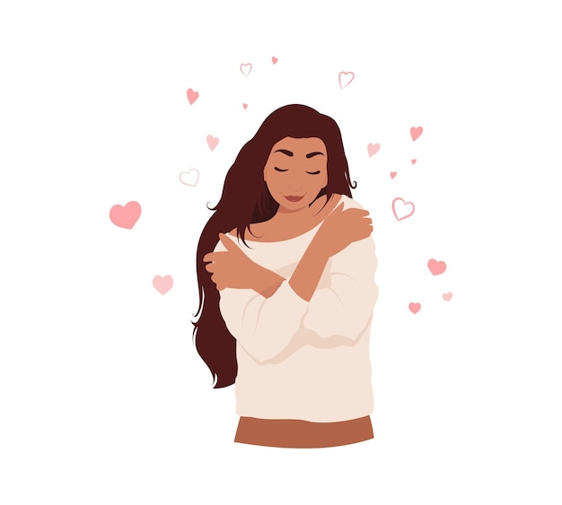 Vector woman hugs herself by the shoulders, love yourself concept, self care