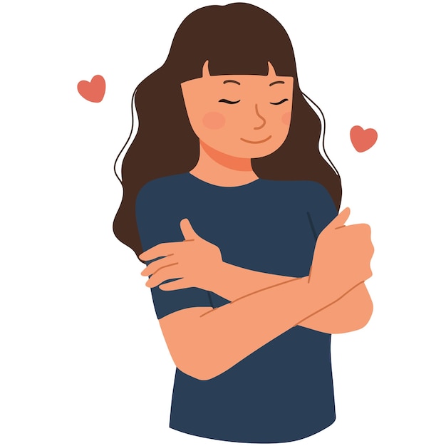 Woman hugs herself self love gesture illustration