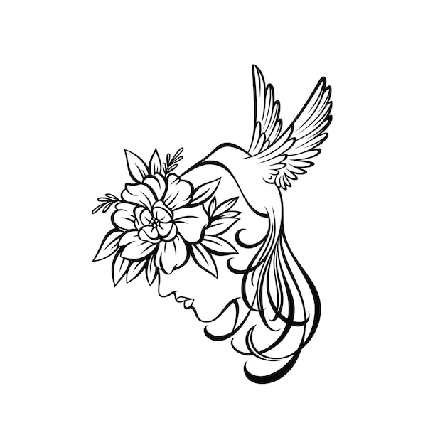 Woman and hummingbird line art