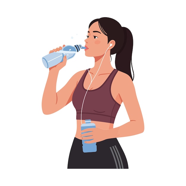 woman hydrating with water bottle in minimal flat vector art