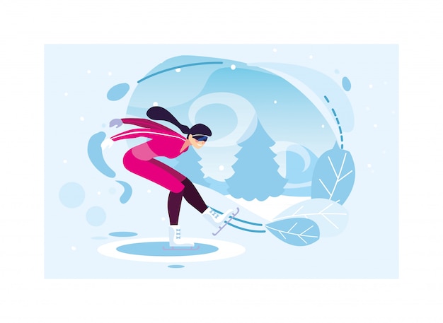 Vector woman ice skating in landscape of winter