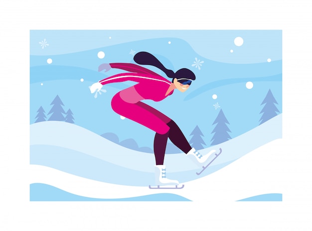 Woman ice skating in landscape of winter