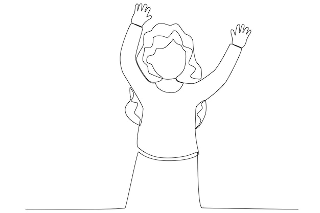 A woman illustration with long hair waving her hands for woman's day one line art