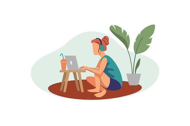 Woman illustration working with laptop at home while listening music