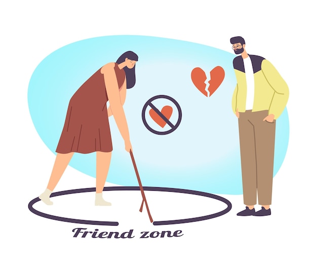 Vector woman and importunate suitor out of friend zone. male character with broken heart fall in love trying to attract girl. female drawing circle with man stand outside. cartoon people vector illustration