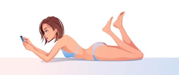Вектор Женщина в купальнике лежит с телефоном в руках отдых на пляже мультфильм иллюстрация
