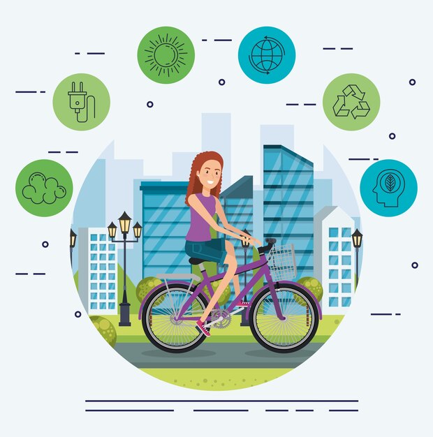 Вектор Женщина на велосипеде с экологически чистыми иконками