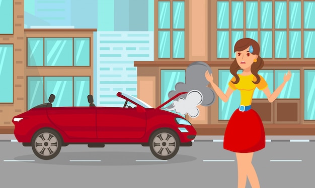 Женщина в автомобильной аварии плоский мультфильм иллюстрация