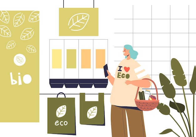 벡터 친환경적인 재사용 가능한 포장으로 식품을 구매하는 친환경 유기농 식료품점의 여성