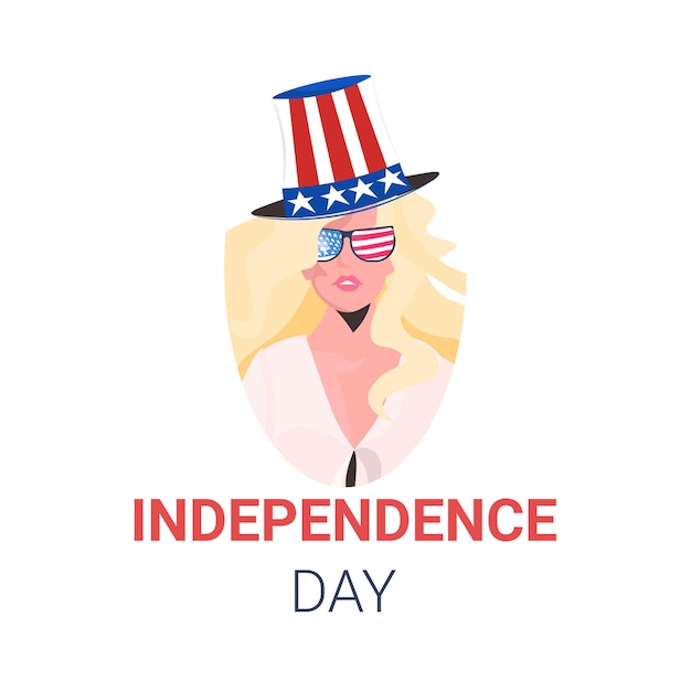 アメリカの国旗を祝うお祝いの帽子をかぶった女性、7月4日アメリカ独立記念日のお祝いカード