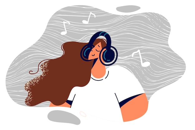 벡터 헤드폰을 쓴 여성은 재생 목록에서 회복하기 위해 편안한 클래식 음악을 듣는 것을 즐깁니다.