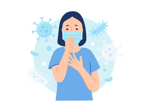 Женщина в защитной маске кашляет из-за бактерий и вирусов в иллюстрации концепции воздуха