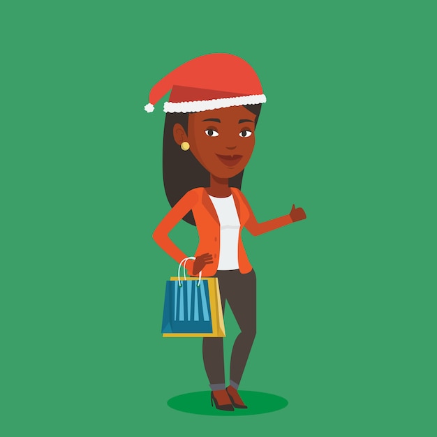 Женщина в шляпе санта, ходить по магазинам для рождественских подарков.