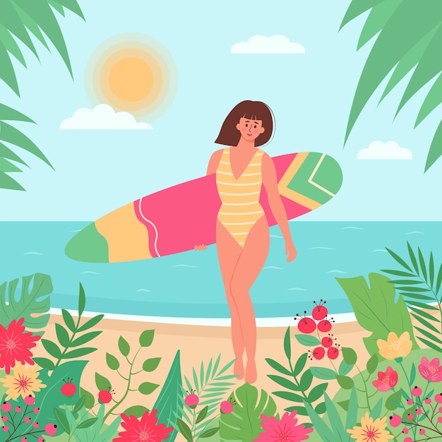 ベクトル ビーチでサーフボードを持った水着を着た女性 熱帯のヤシの葉の周りに花や植物