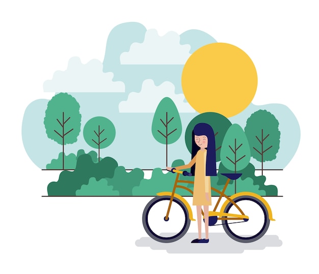 自転車で公園の風景の中の女性