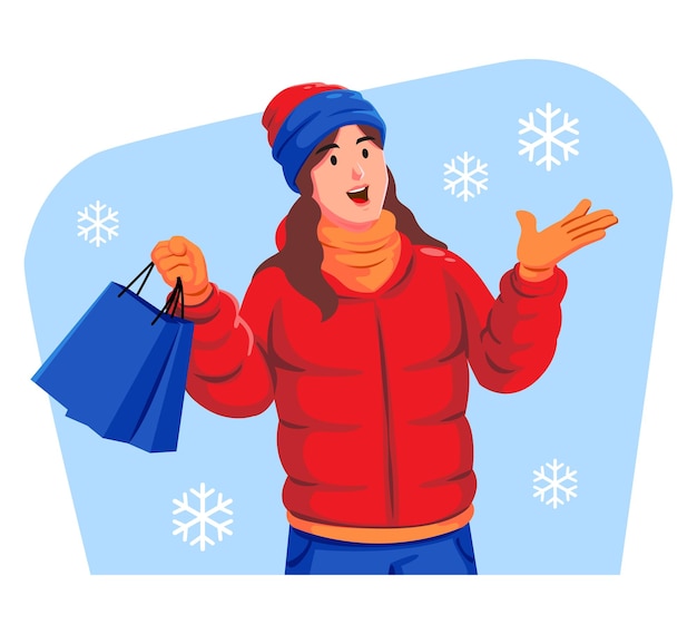 冬の服を着た女性がショッピングバッグを持っています