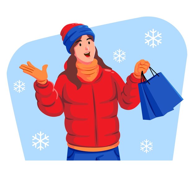 Вектор Женщина в зимней одежде с сумками для покупок