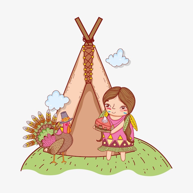 woman indigenous with cake food and turkey