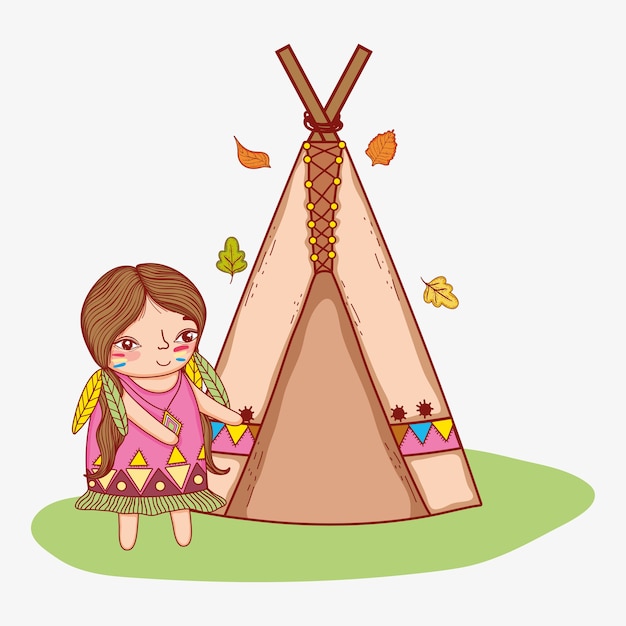 Vector woman indigenous with camping tent and leaves