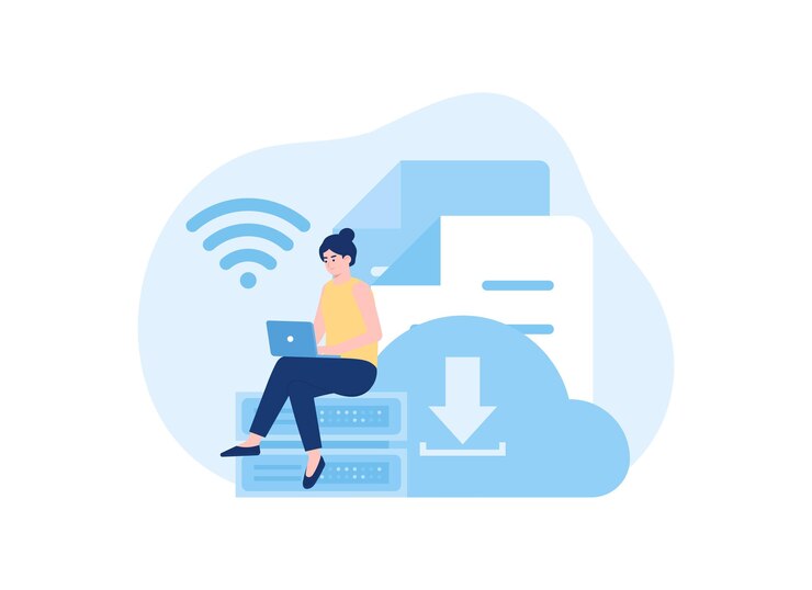 Vector a woman inputs data into cloud storage trending concept flat illustration