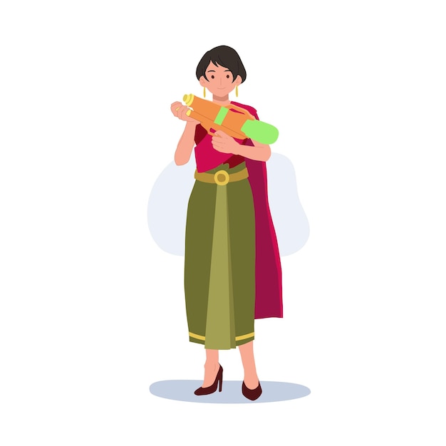 Woman inSongkran Festival concept Culture in Thailand woman in Thai traditional clothings is holding water gun Flat Vector Illustration