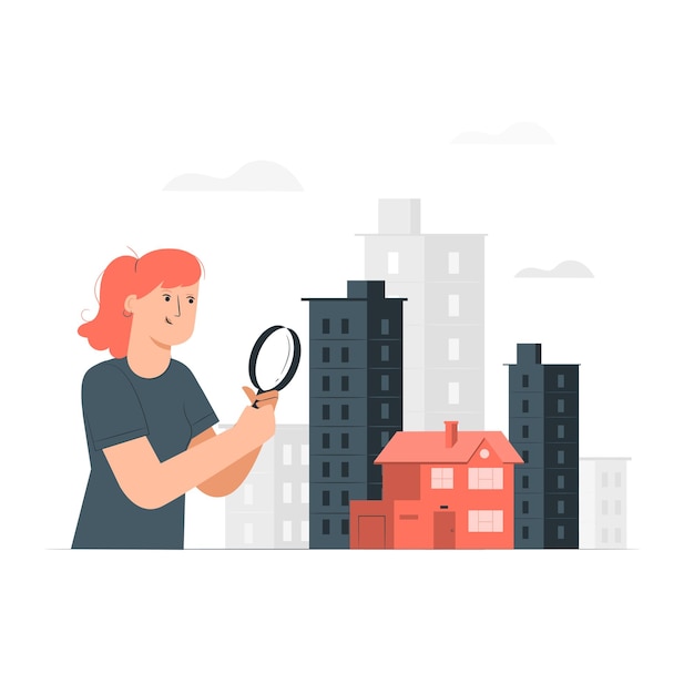 woman inspecting houses with a magnifying glass in the city