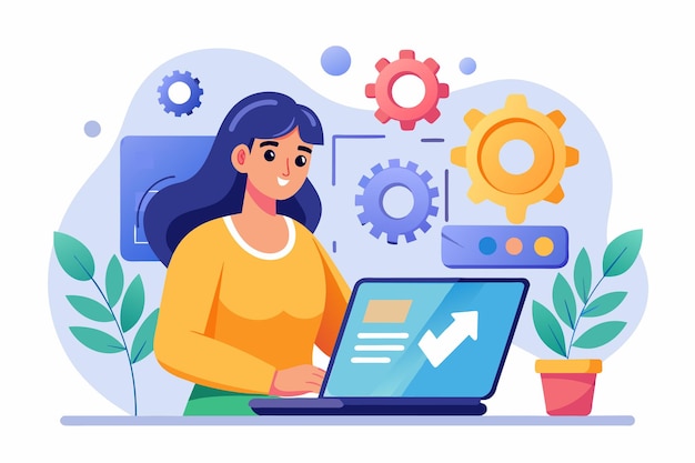 Vector woman installing software update on laptop a woman performs a software installation update on a laptop simple and minimalist flat vector illustration