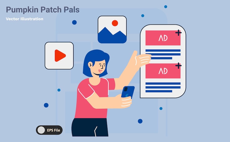 Vector woman interacting with advertising content on a mobile phone