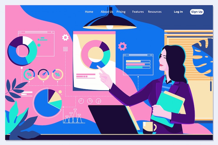 Vector woman interacting with charts and analysing statistics and data