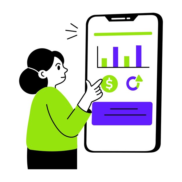 女性がスマートフォンで金融アプリとインタラクションをしている