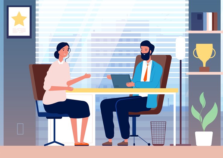 Vector woman interview. female business girl employment recruiting in office boss sitting character. illustration boss in office and employee female