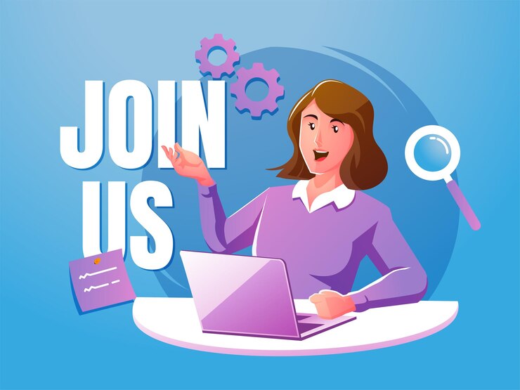 Woman invites to join us advertising marketing concept