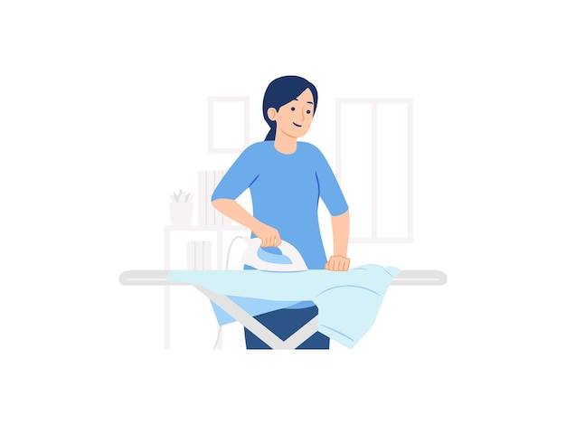 Woman ironing shirt on ironing board in laundry room at home concept illustration