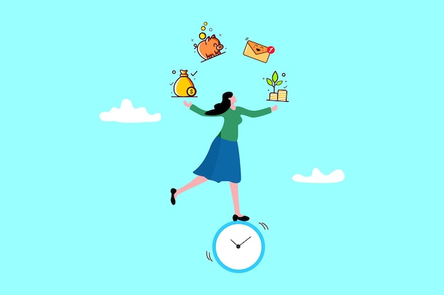 Vector a woman is balancing on a clock and holding a gift and a bird on her hand.