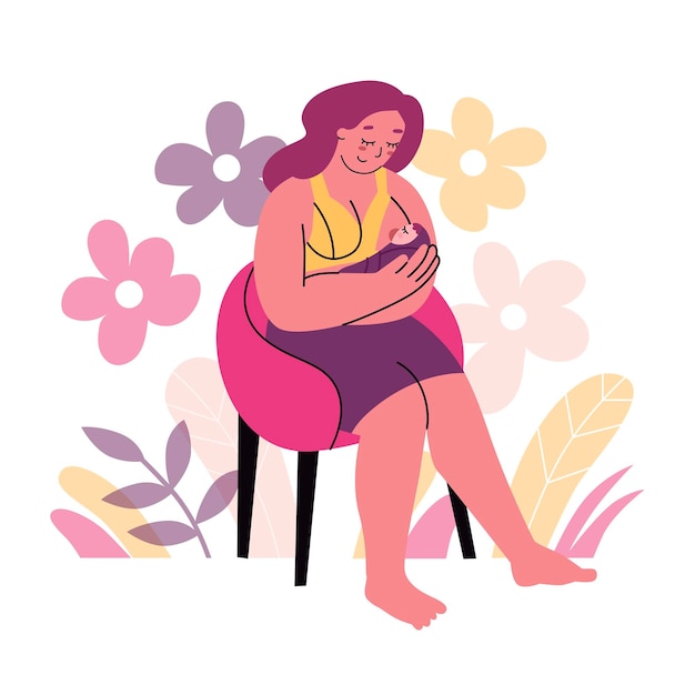 女性は椅子に座りながら赤ちゃんに母乳を与えている 子供たちに授乳する若い母親 マタニティ休暇 幸せな母性の自然な摂食のコンセプト ベクターイラストのフラットスタイル