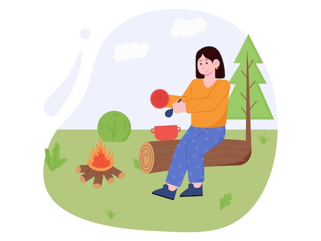 A woman is cooking breakfast on a log in the forest.