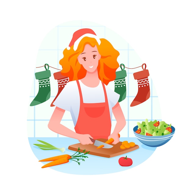 Donna sta cucinando la cena di natale, buon natale e vacanze invernali a casa