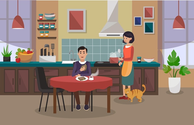 The woman is cooking and the man is having lunch Kitchen interior Vector illustration