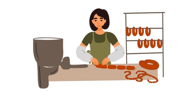 A woman is cutting sausages at a sausage stand.