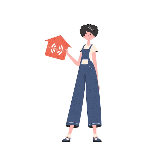 The woman is depicted in full growth holding an icon of a house in her hands Internet of things concept Vector illustration in flat style