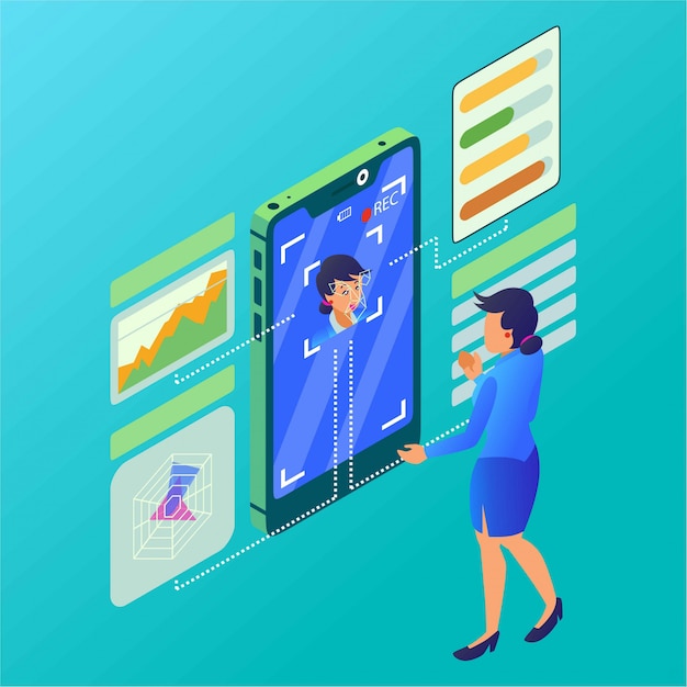 Vector a woman is doing a personality analysis with face detector isometric illustration