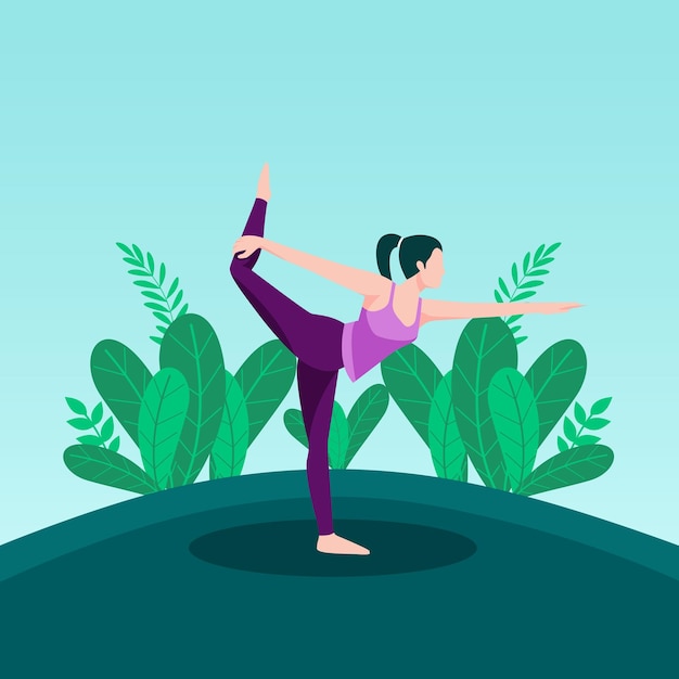 Una donna sta facendo yoga in un'illustrazione piatta spazio aperto