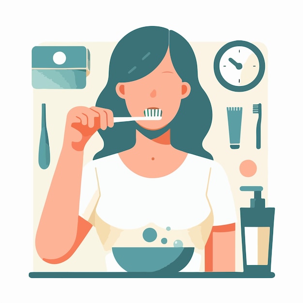Vector a woman is eating a meal with a toothbrush in her mouth