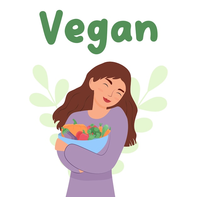 Woman is eating vegetables Diet food healthy lifestyle vegetarian food take care Flat vector