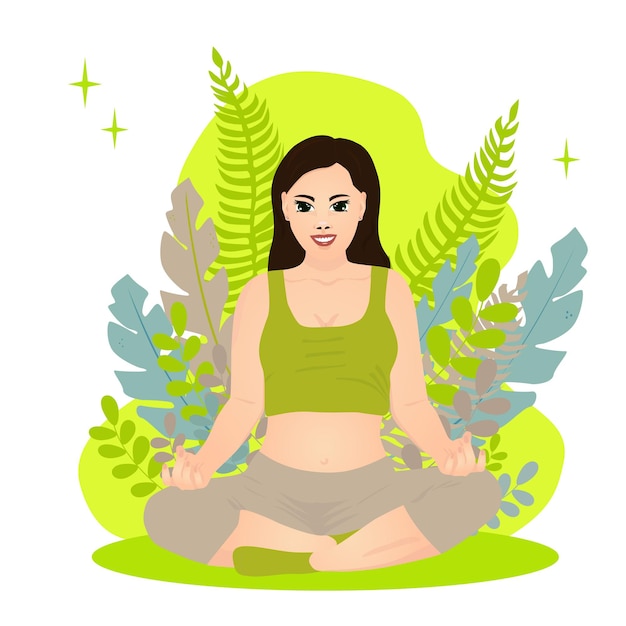 Woman is engaged in meditation in the lotus pose on the background with tropical leaves